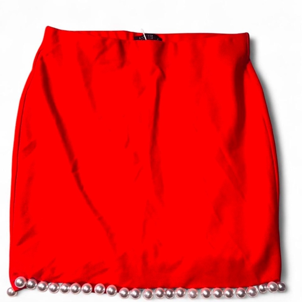 SEATTLE COLLECTION Bold Red Mini Skirt with Pearl Details